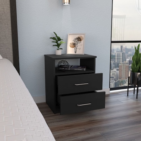 Tuhome Napoles Nightstand, Superior Top, Two Drawers, One Shelf, Black MLW4760